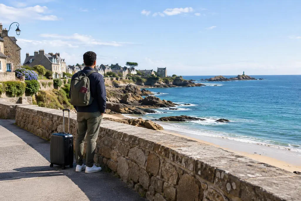 Un voyageur et sa valise sur une promenade bretonne face à la mer.