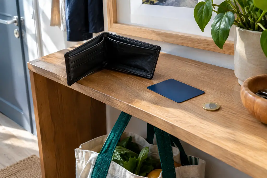 Un portefeuille ouvert, une carte neutre et une pièce sur une étagère près d’un sac.