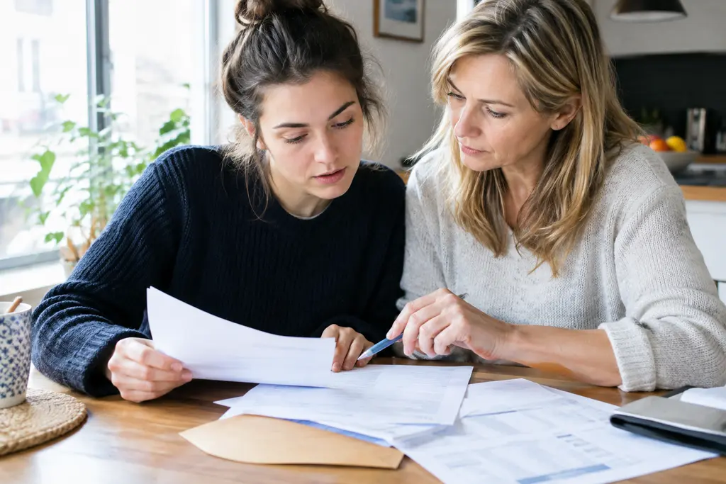 Une jeune adulte examine des documents bancaires avec un proche à la table de sa cuisine.