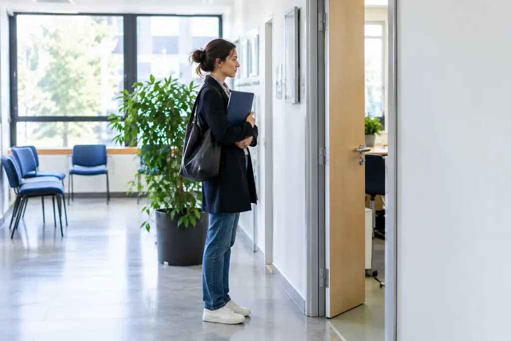 Une femme attend près d’une porte entrouverte dans un couloir de service public.