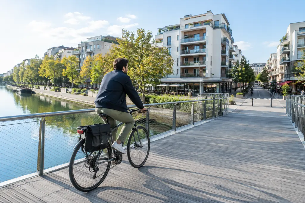 Un cycliste traverse un pont au-dessus d’un canal bordé d’immeubles et de commerces.