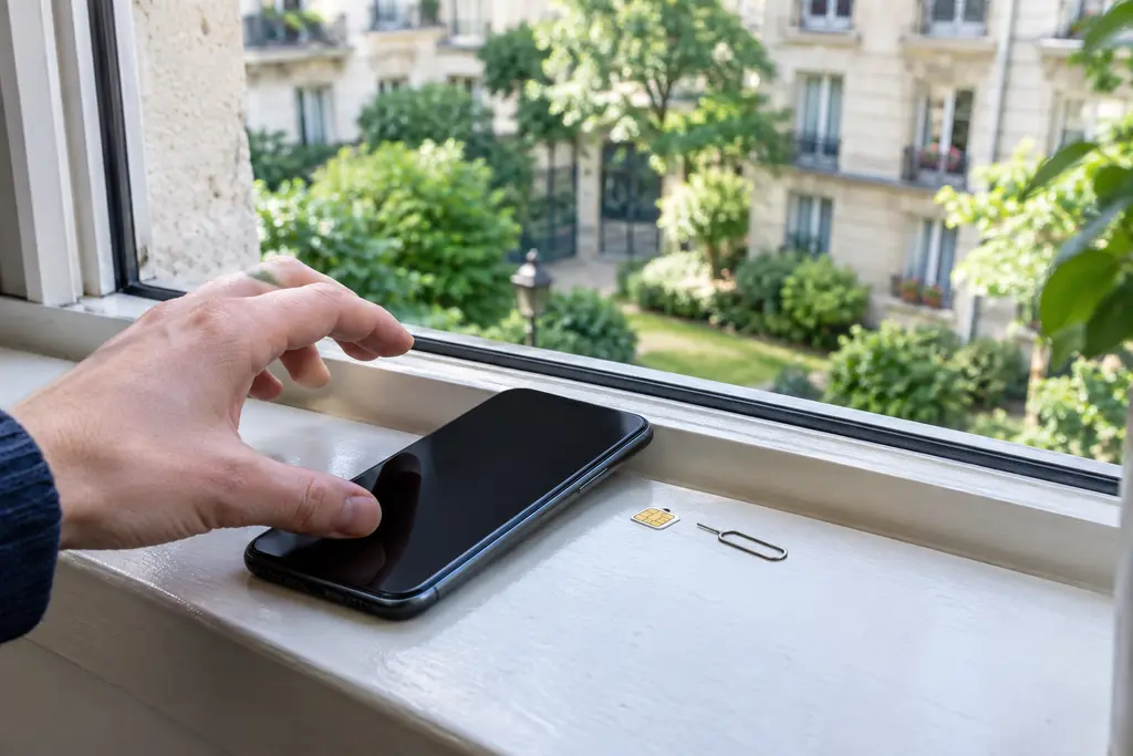 Un téléphone éteint, une carte SIM et un outil d’éjection sur un rebord de fenêtre.