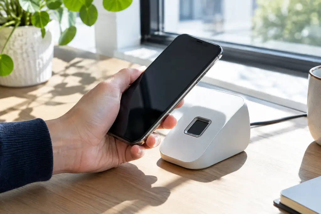 Une main utilise un smartphone près d’un lecteur biométrique, sans écran lisible.