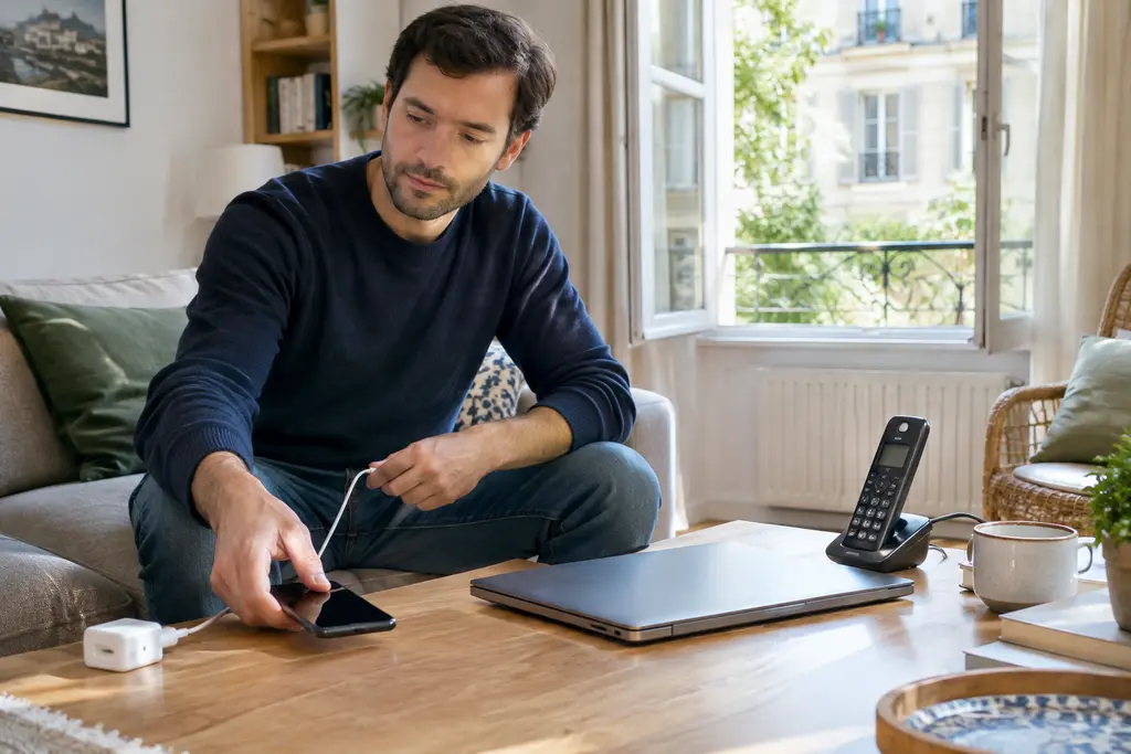 Un homme pose son téléphone près d’un ordinateur fermé et s’apprête à appeler.