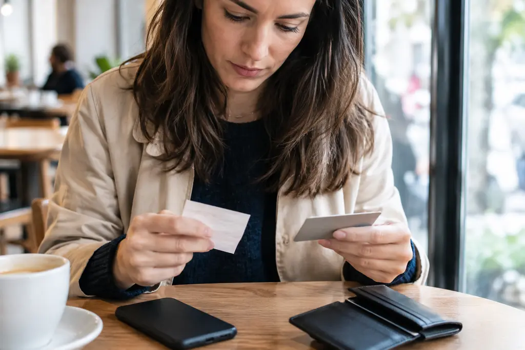 Une femme compare un ticket retourné et une carte neutre dans un café lumineux.