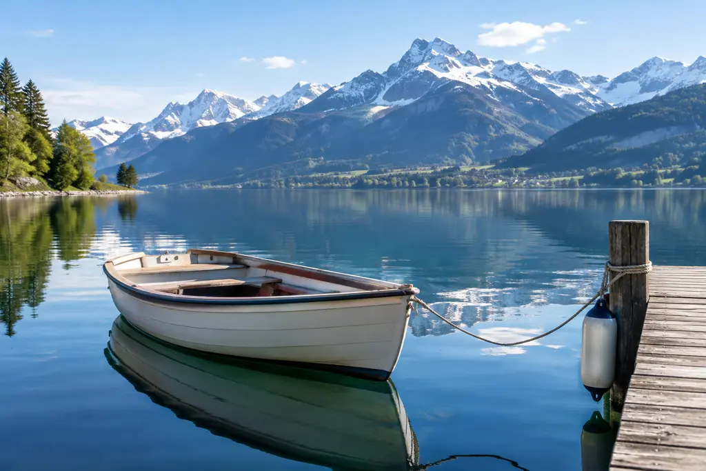 Une barque amarrée à un ponton sur un lac calme, avec les montagnes en arrière-plan.