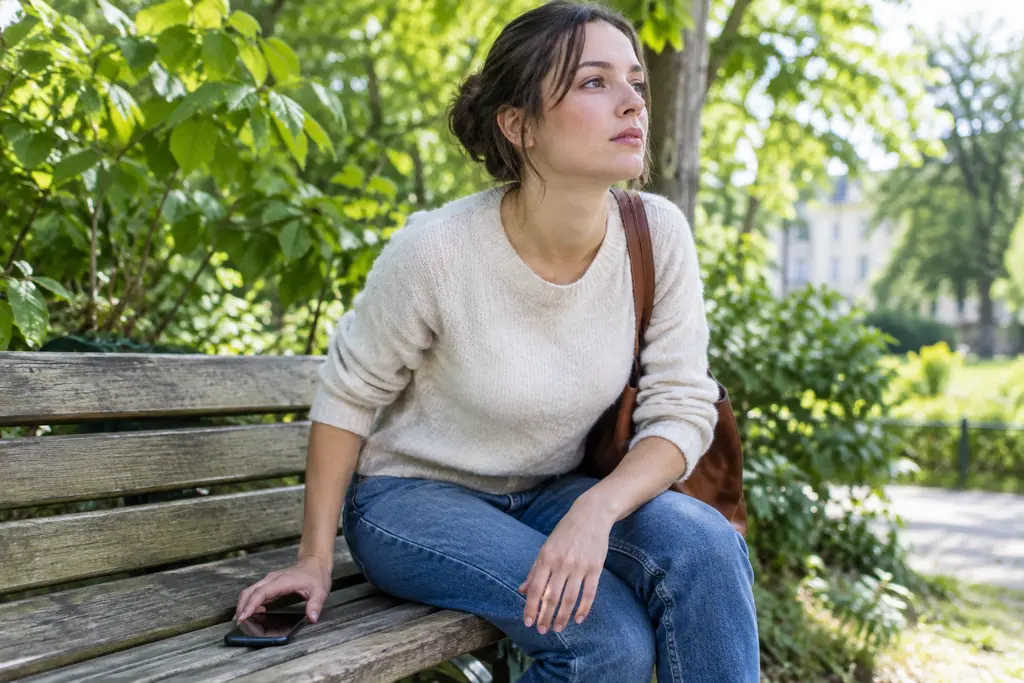 Une jeune femme pose son téléphone face contre un banc dans un jardin ensoleillé.