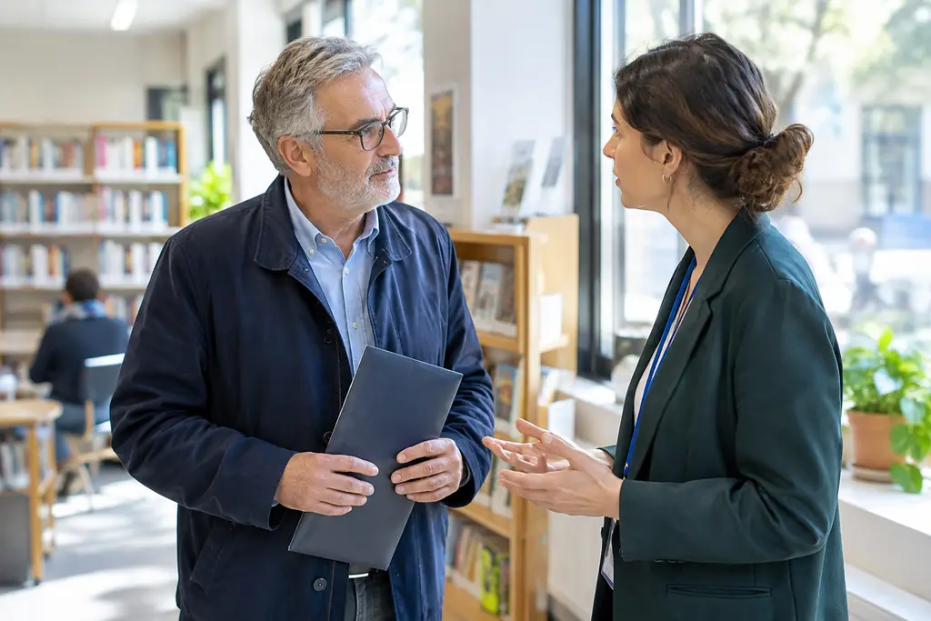 Un homme échange calmement avec une médiatrice dans une bibliothèque de quartier.