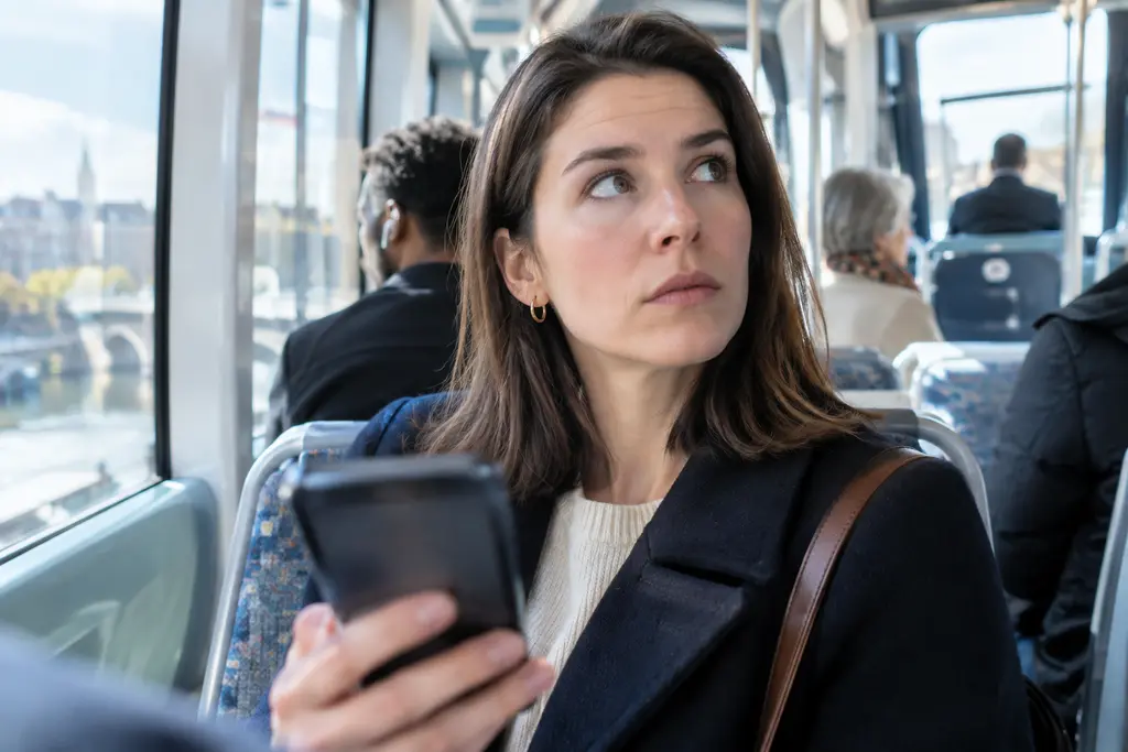 Une passagère hésite avant de répondre à un appel dans un tramway lumineux.