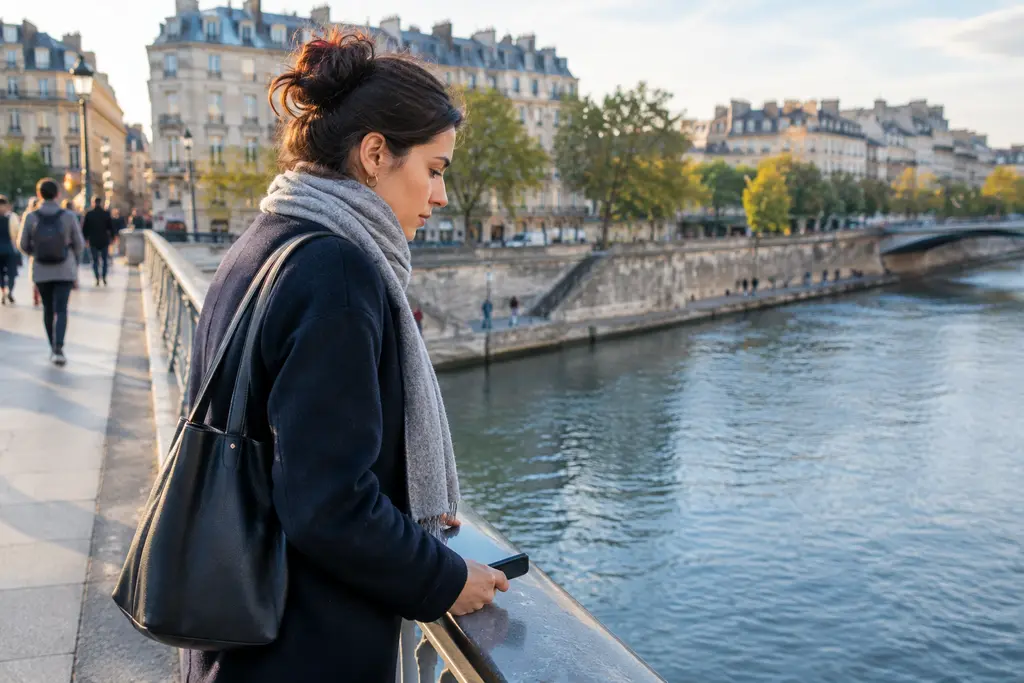Une personne tient son téléphone sur une passerelle au-dessus d’une rivière en ville.