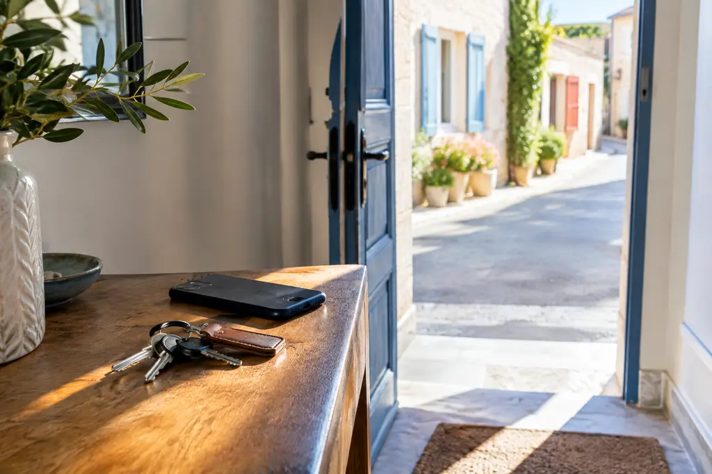 Des clés et un téléphone retourné sur une console près d’une porte ouverte sur une rue calme.